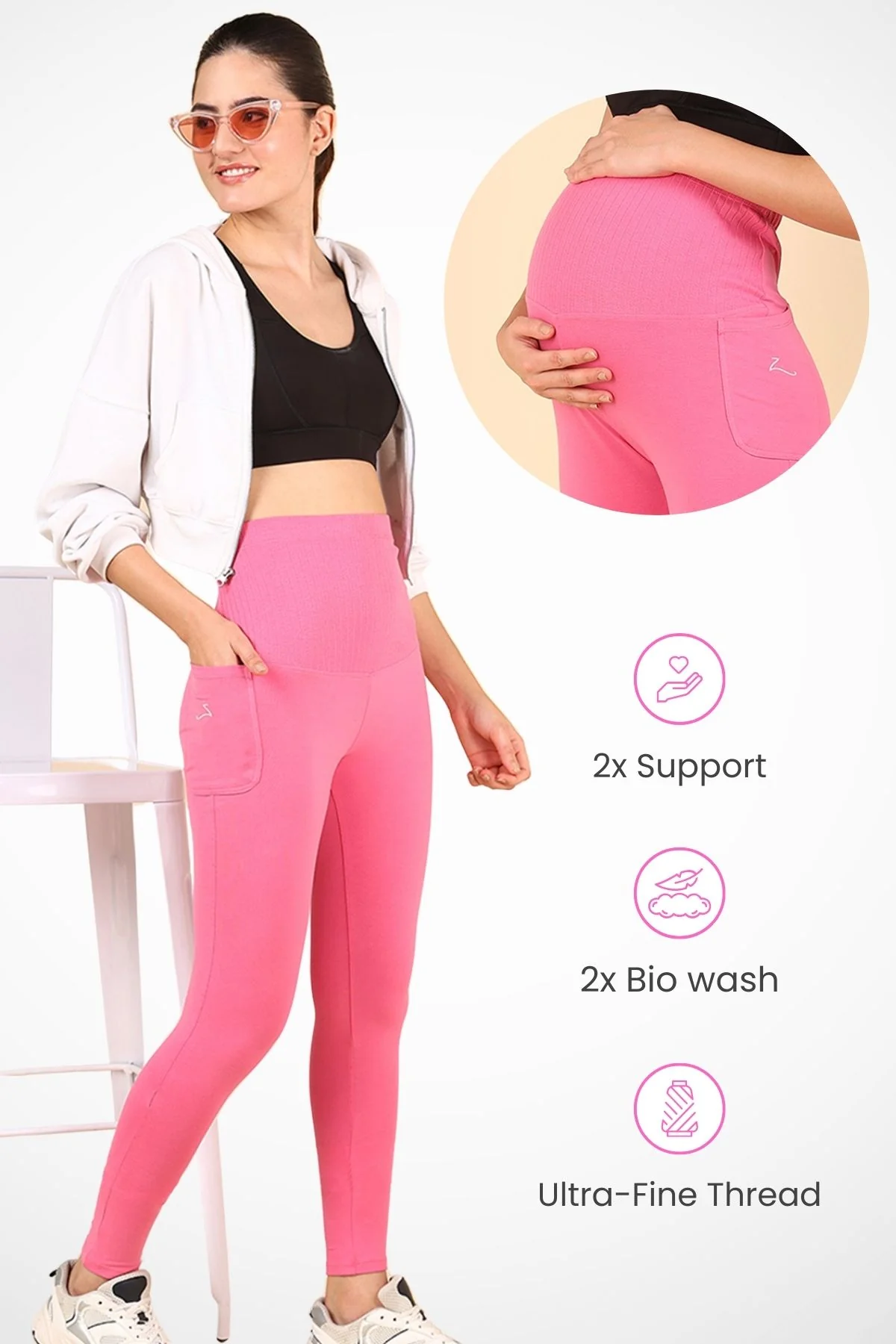 Ribbed Cotton Pink Maternity Legging (Pregnancy & Postpartum) - Image 3