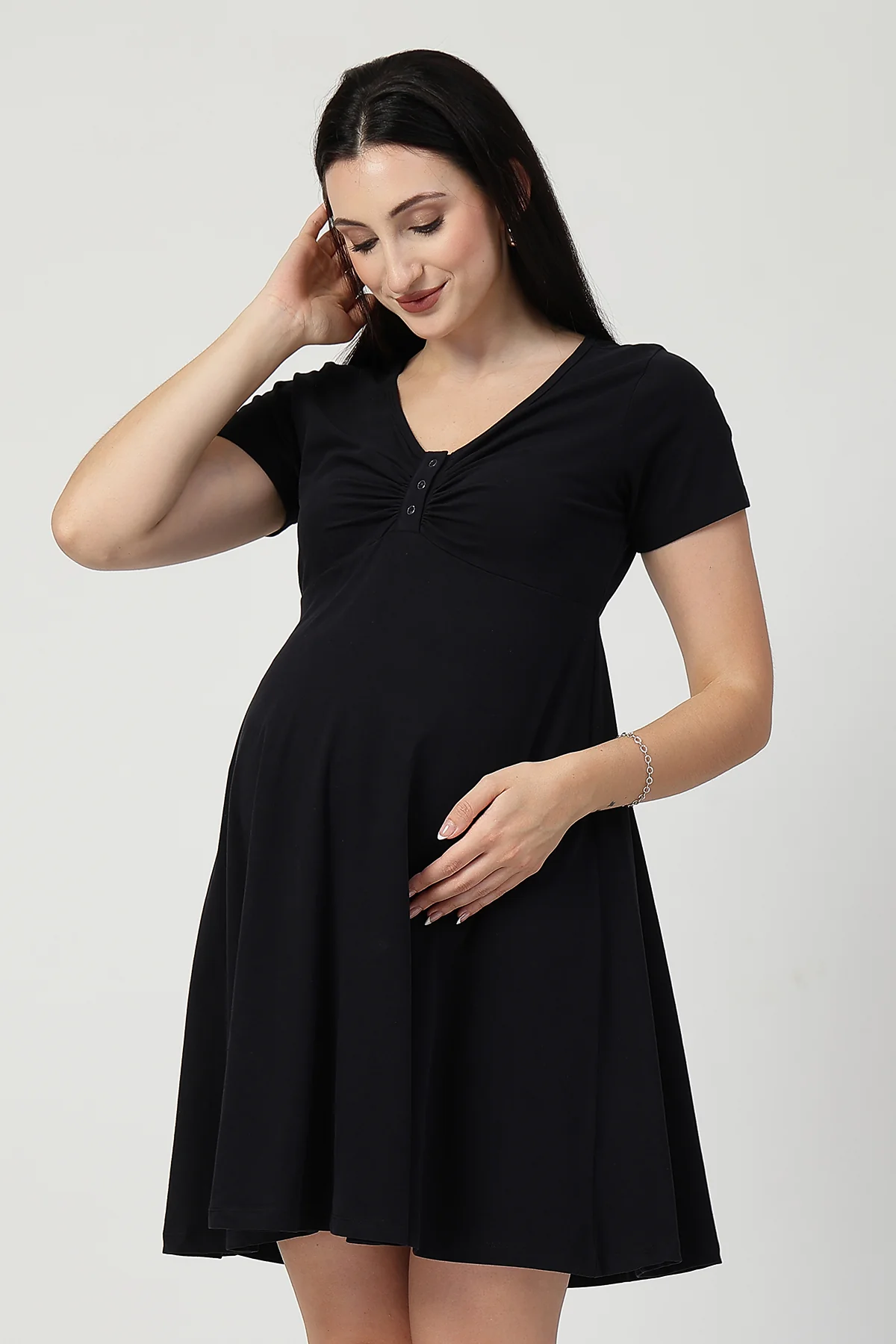 Ruched Cotton Zipless Feeding Dress - Black
