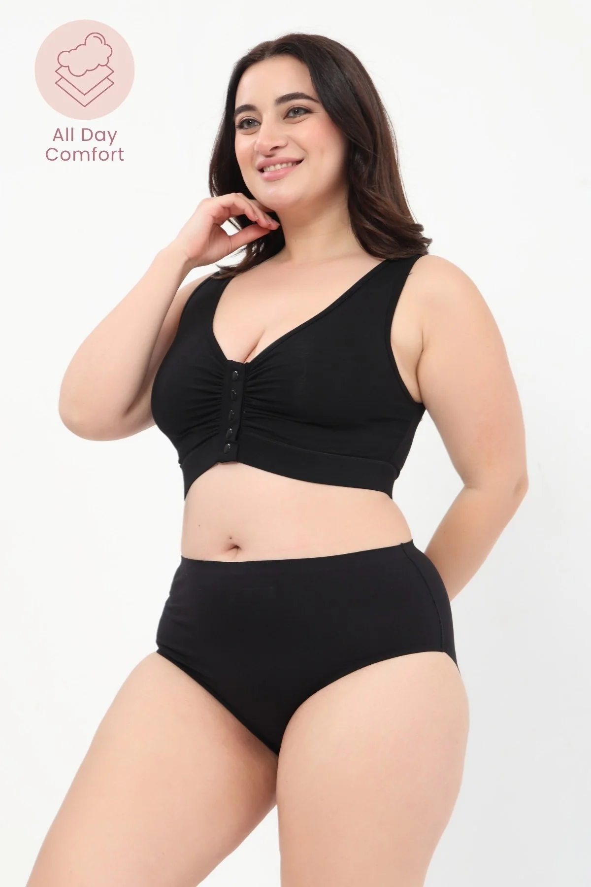 Ruched Modal Front-Open Bra - Black