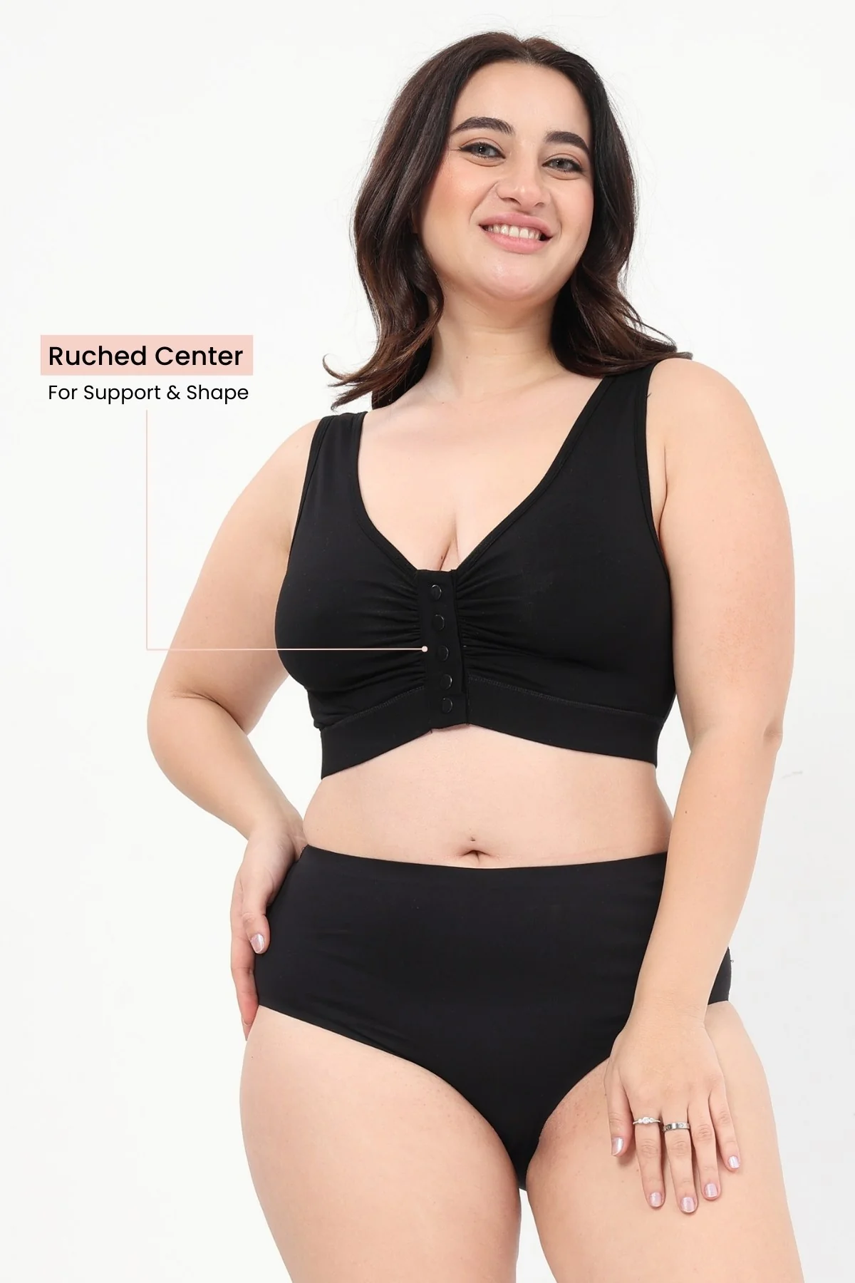 Ruched Modal Front-Open Bra - Black - Image 6