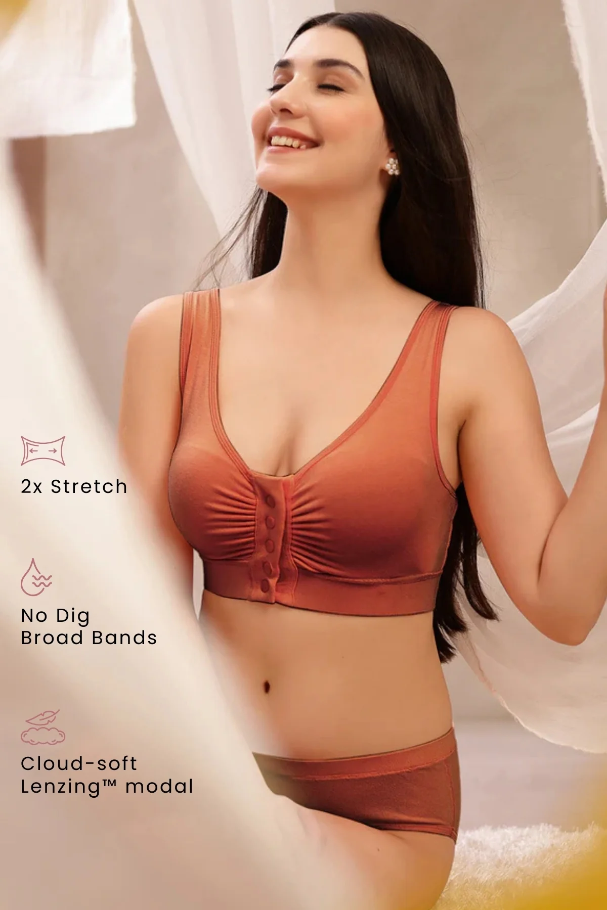 Ruched Modal Front-Open Bra - Rust - Image 14