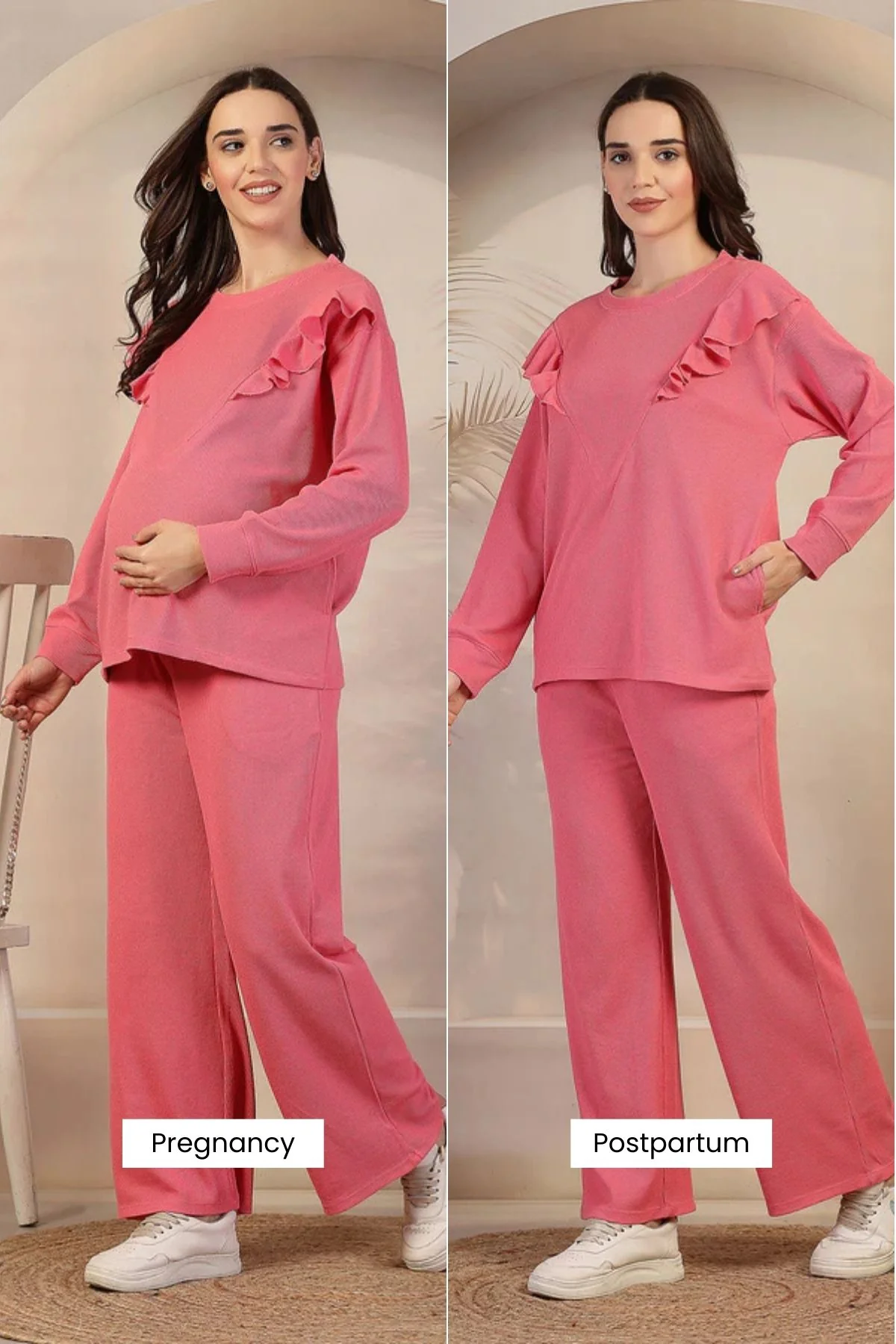Ruffled Maternity Feeding Co-ord Set - Pink - Image 4