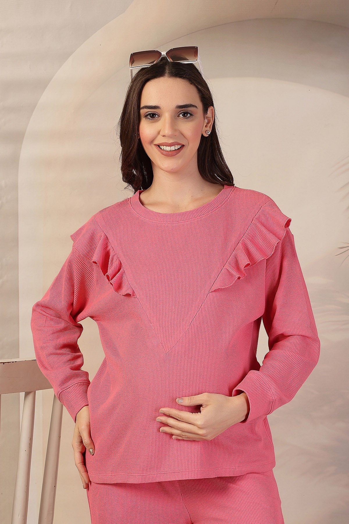 Ruffled Maternity Feeding Co-ord Set - Pink - Image 7