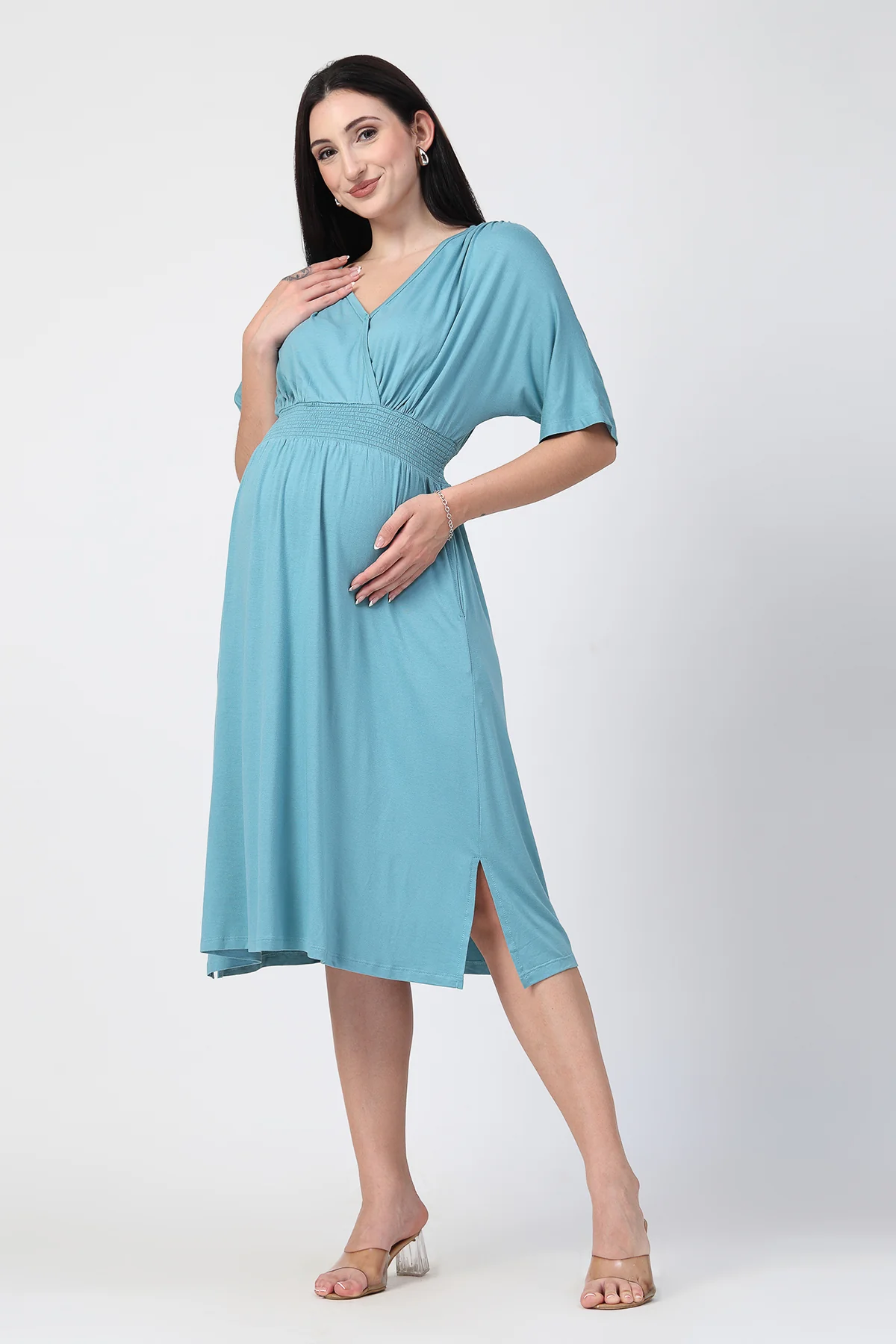 Sea Green Solid Smocked Waist Zipless Feeding Dress