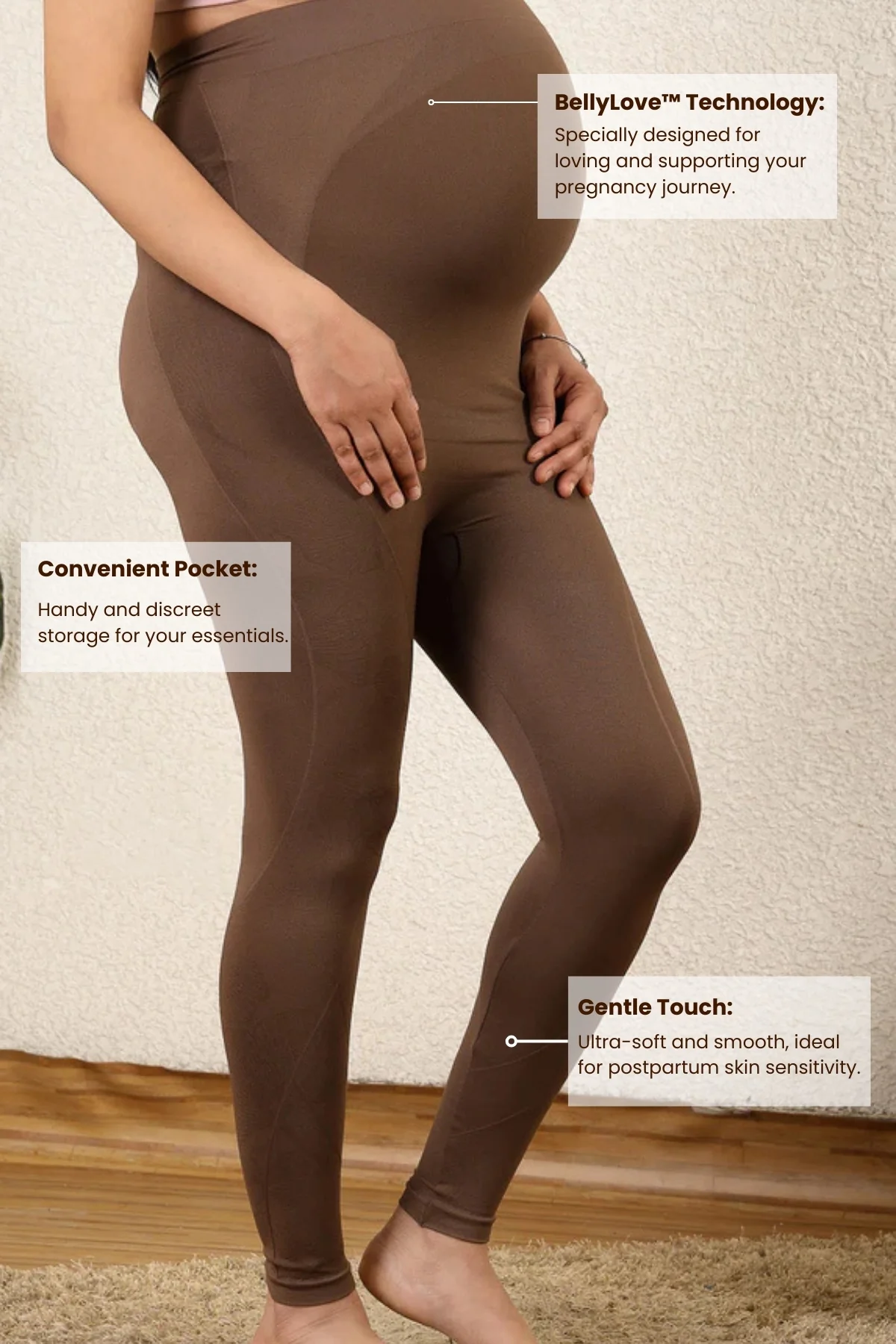 Seamless Adaptable Bump Support Brown Floral Jacquard Maternity Legging - Image 3