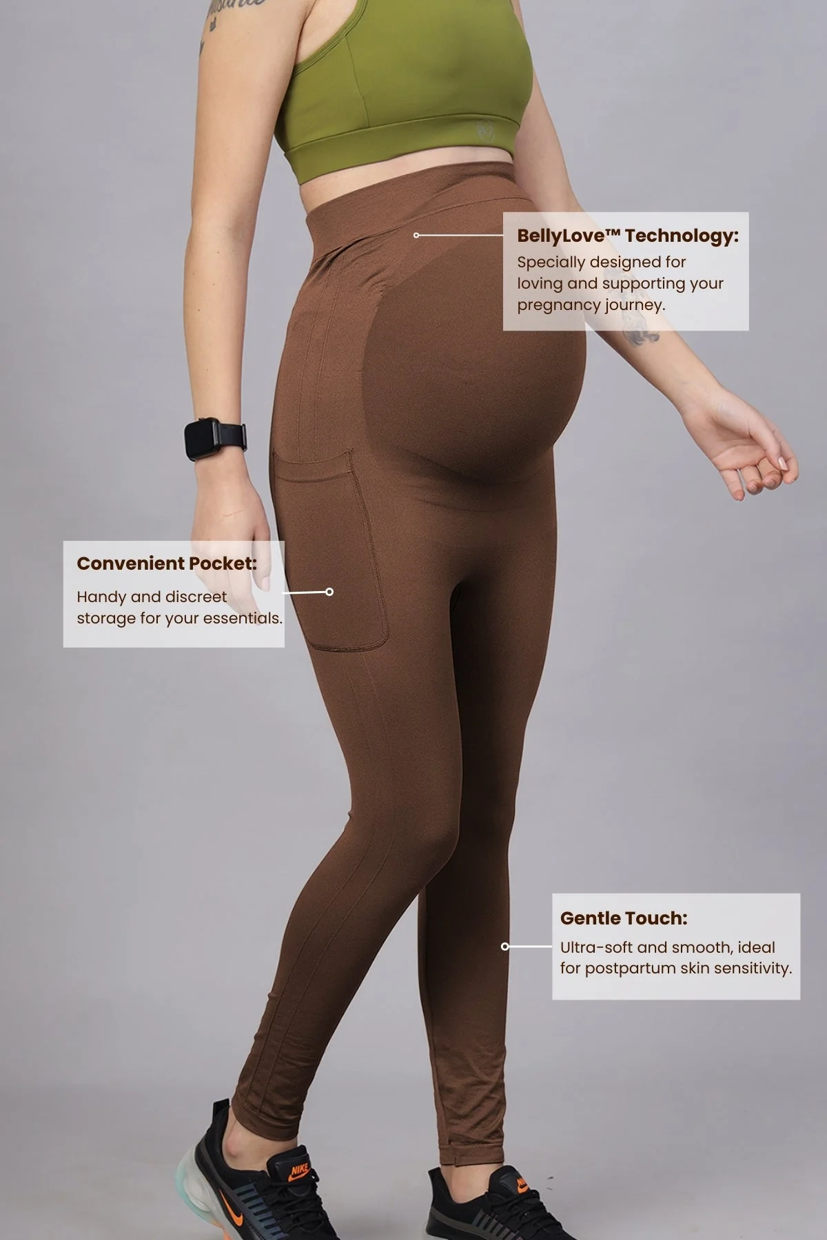 Seamless Adaptable Bump Support Brown Maternity Legging - Image 15