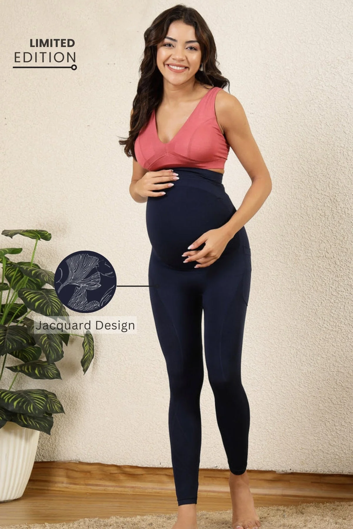 Seamless Adaptable Bump Support Navy Blue Floral Jacquard Maternity Legging - Image 11