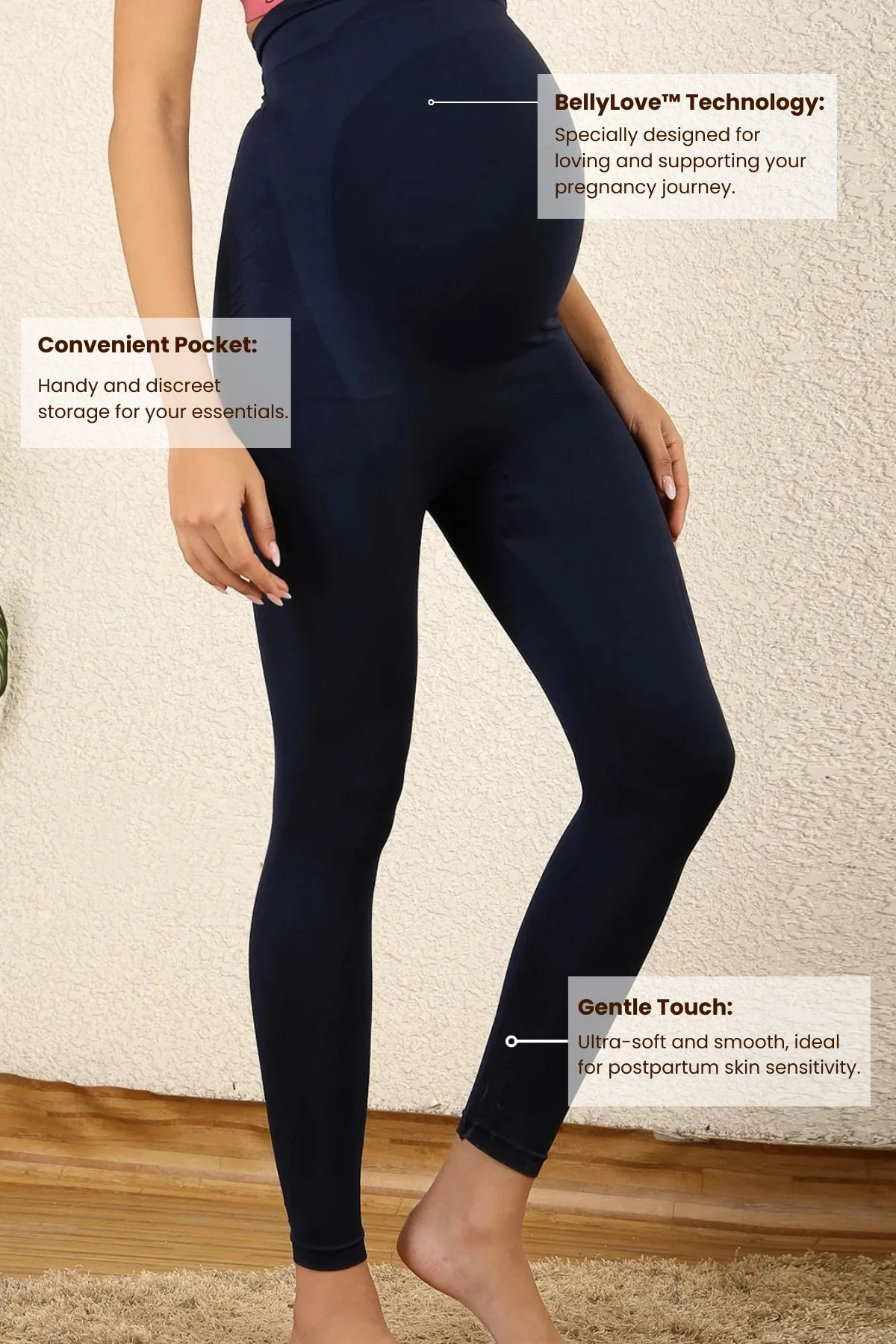 Seamless Adaptable Bump Support Navy Blue Floral Jacquard Maternity Legging - Image 12