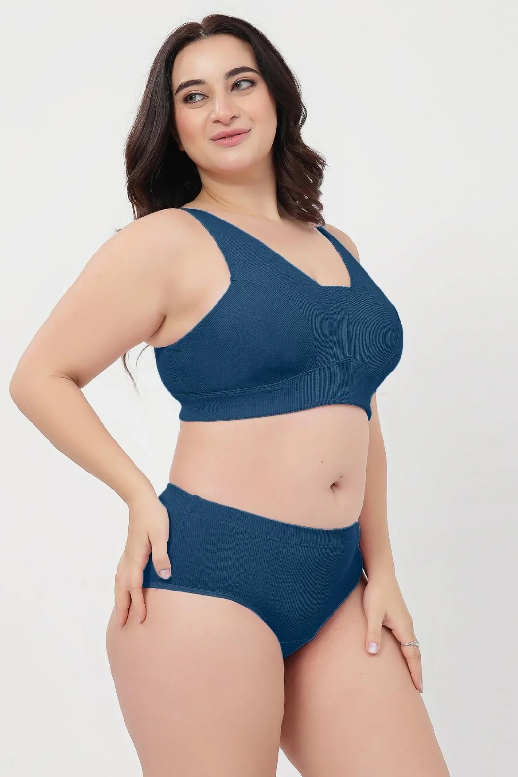 Sera Fine Rib Bra & Mid Rise Panty Set - Airforce - Image 10