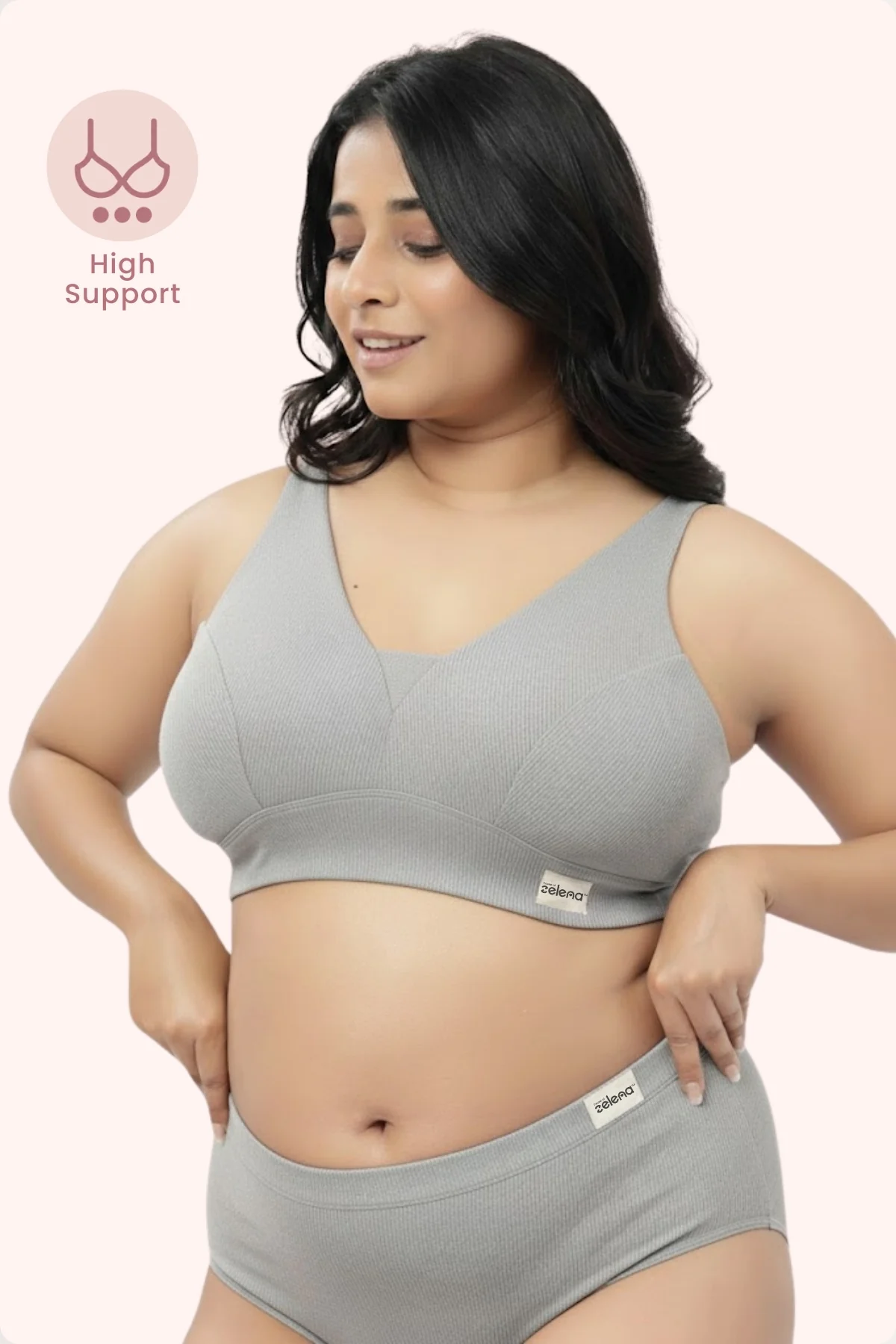 Sera Fine Rib Bra & Mid Rise Panty Set - Grey Melange