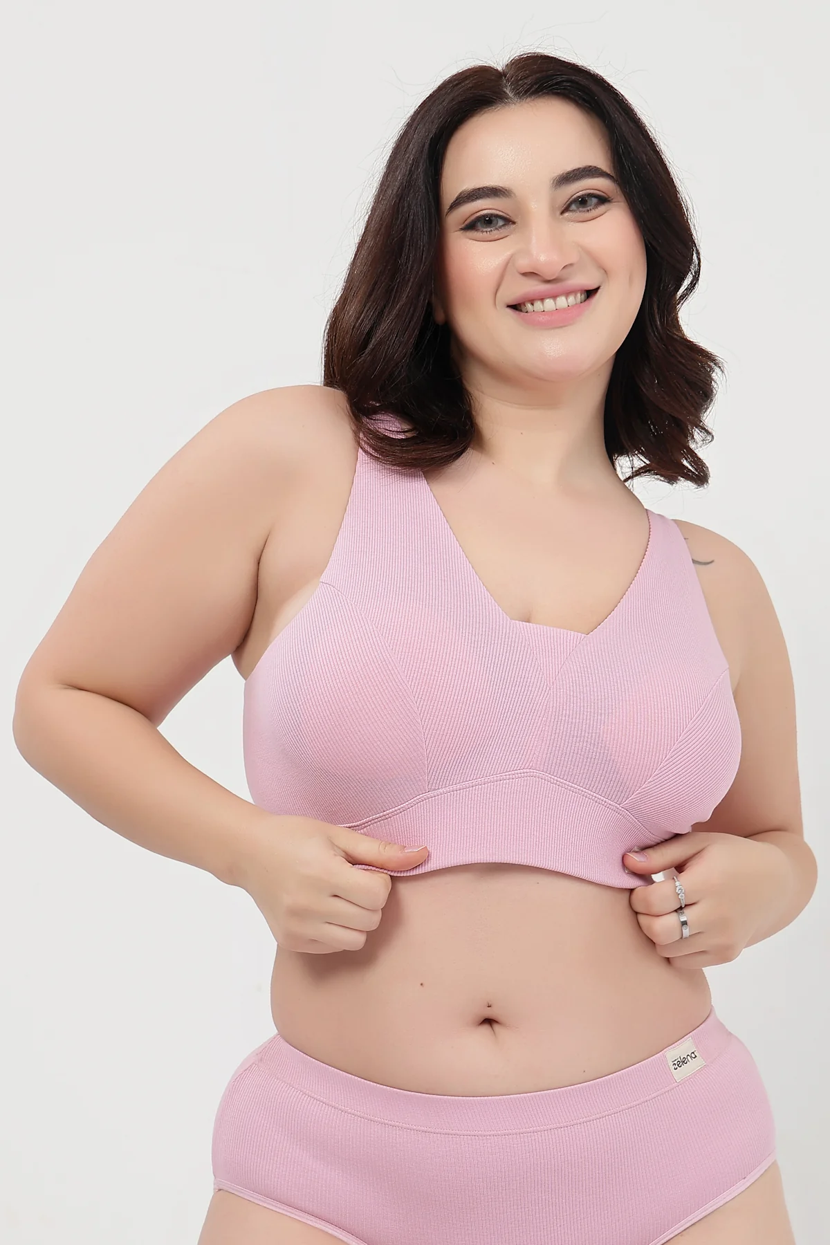 Sera Fine Rib Bra & Mid Rise Panty Set - Pink