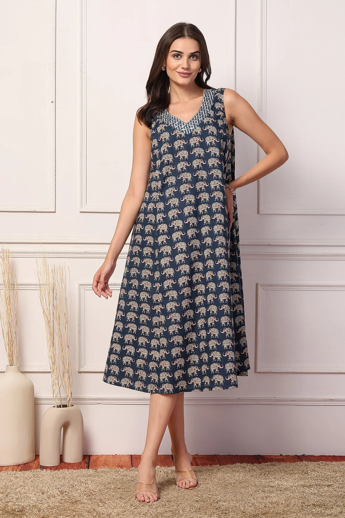 Sleeveless All Over Printed Maternity Feeding Dress - Navy - Image 7