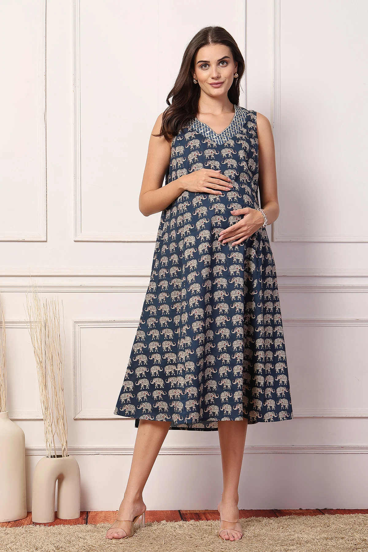 Sleeveless All Over Printed Maternity Feeding Dress - Navy - Image 8