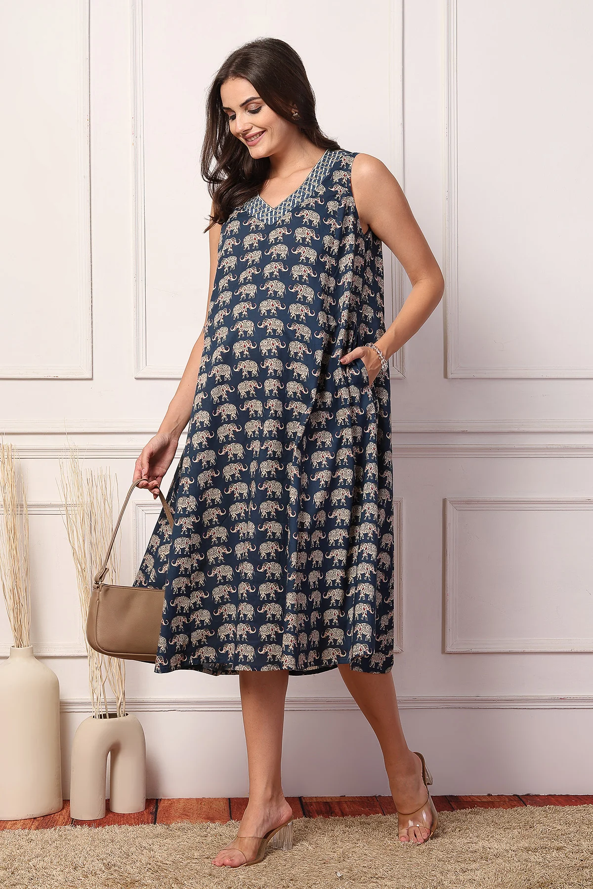 Sleeveless All Over Printed Maternity Feeding Dress - Navy - Image 9