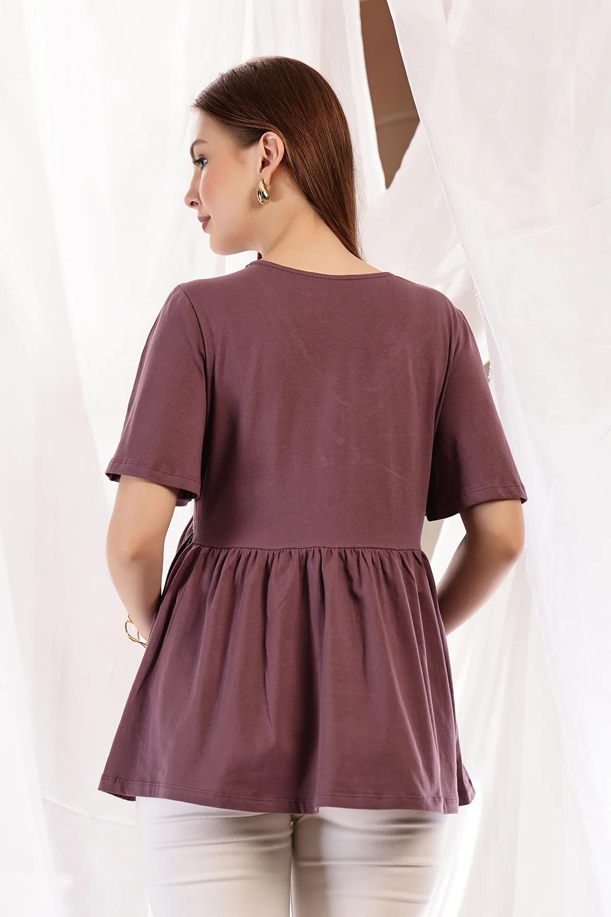 V-Neck Cotton Maternity Nursing Top - Rosewood - Image 4