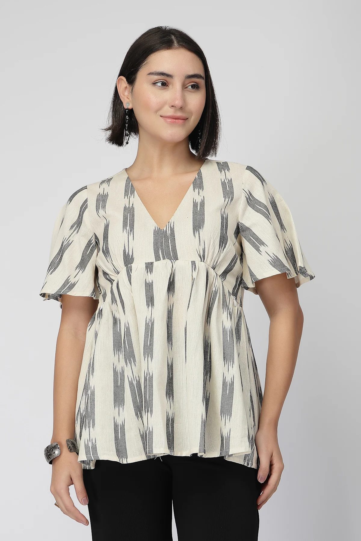 Broad Ikat Gathered Top with Zip - OFF-WHITE - Image 4