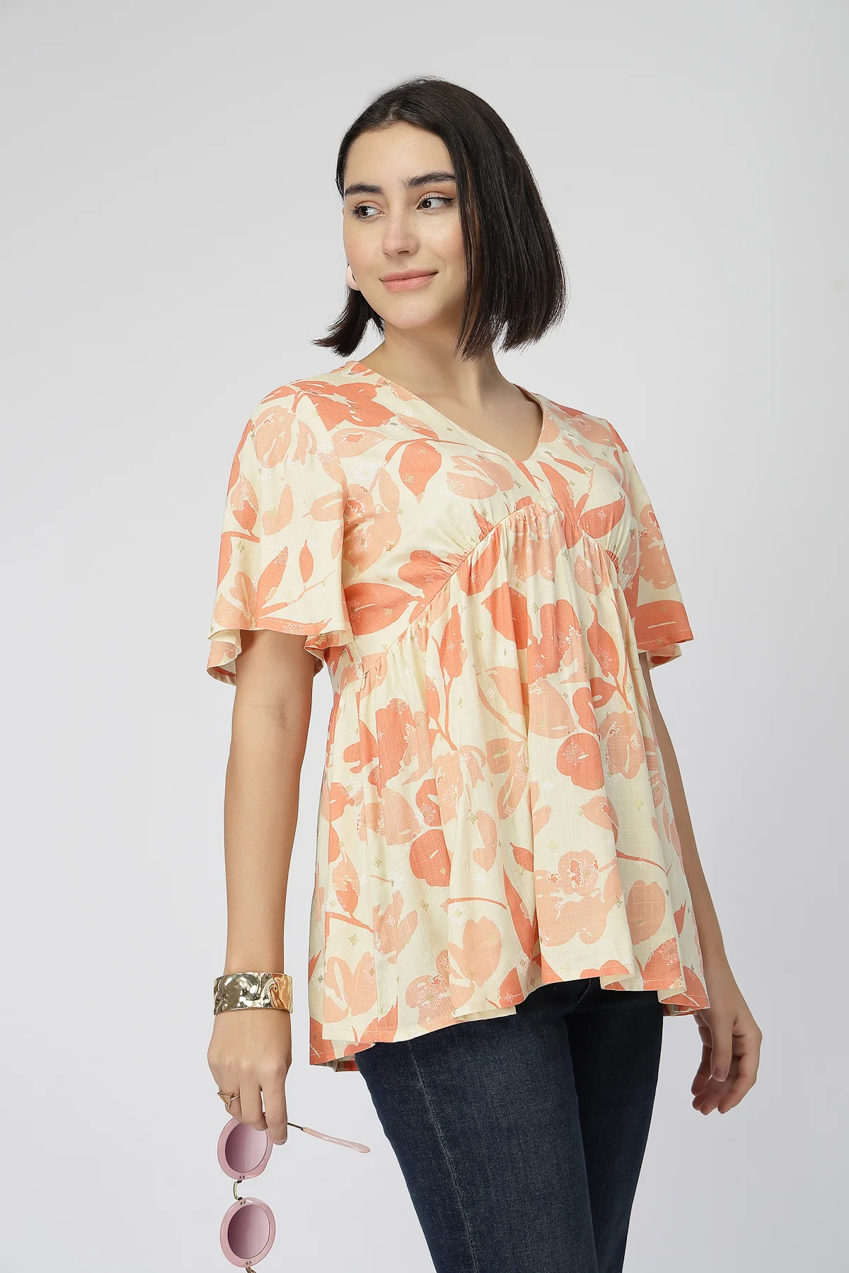 Maternity Rayon Printed Top with Zip Feeding - Orange - Image 10