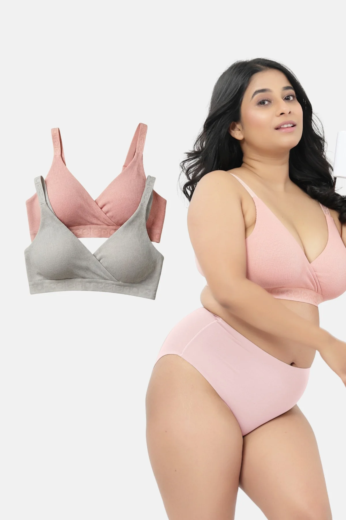 Zena Fine-Rib Bra Pack of 2 - (Rose Gold & Grey Melange)