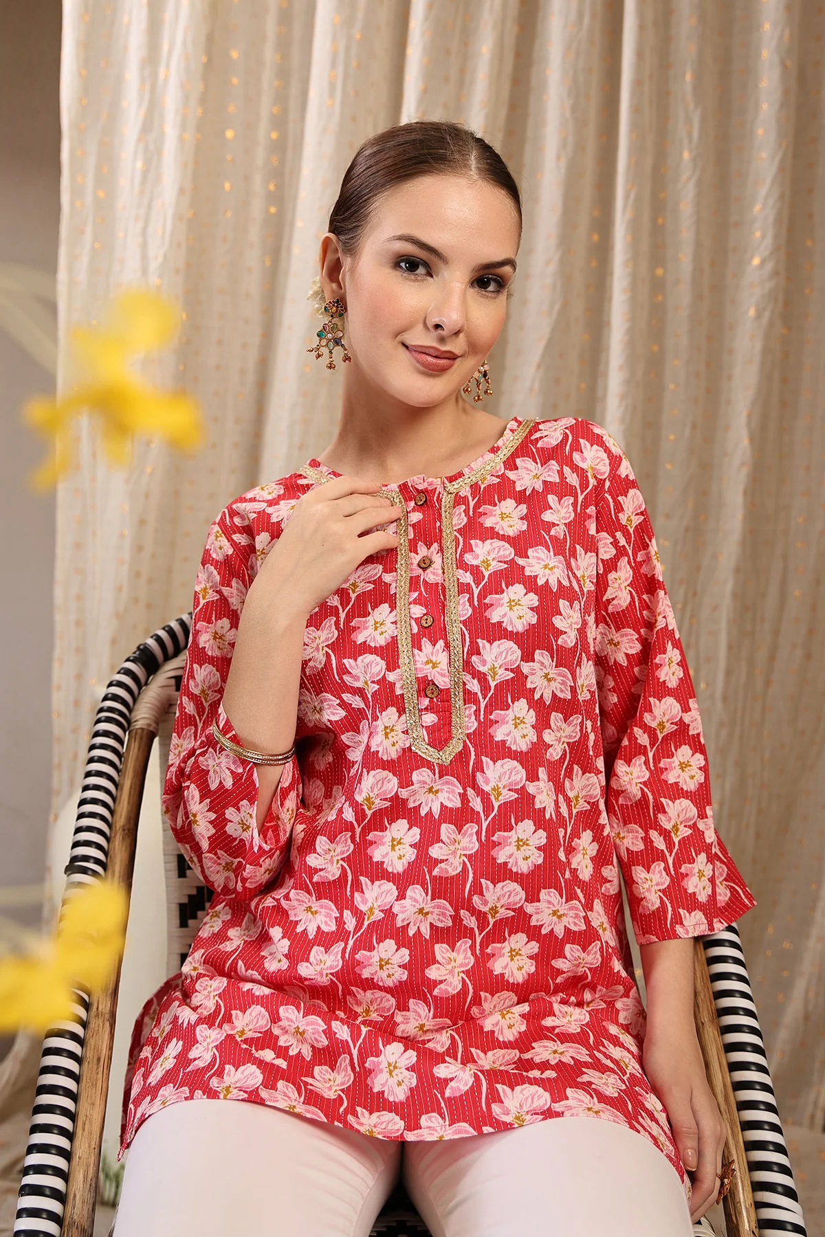 Zipless Feeding Cotton Top with Embroidered Neck - Red Floral - Image 14