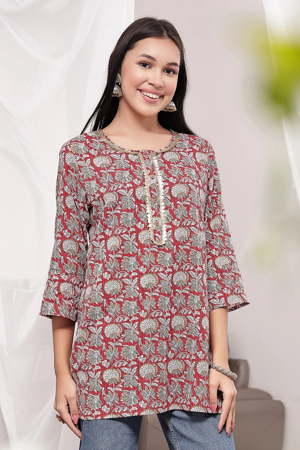 Zipless Feeding Cotton Top with Embroidered Neck - Red Multi